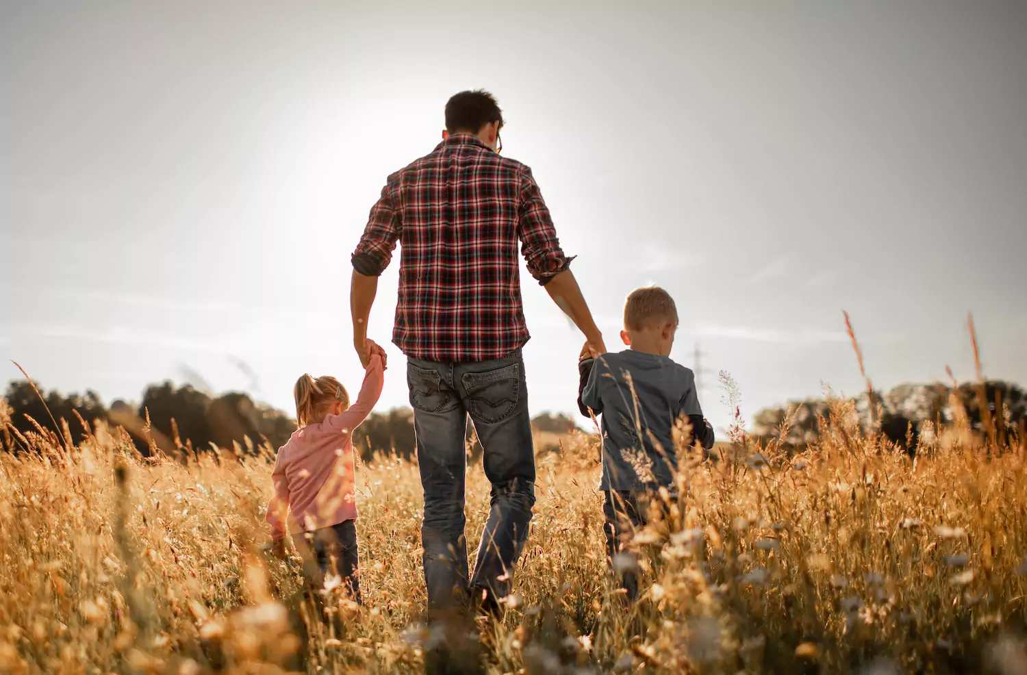 Dad with two kids walking through a field