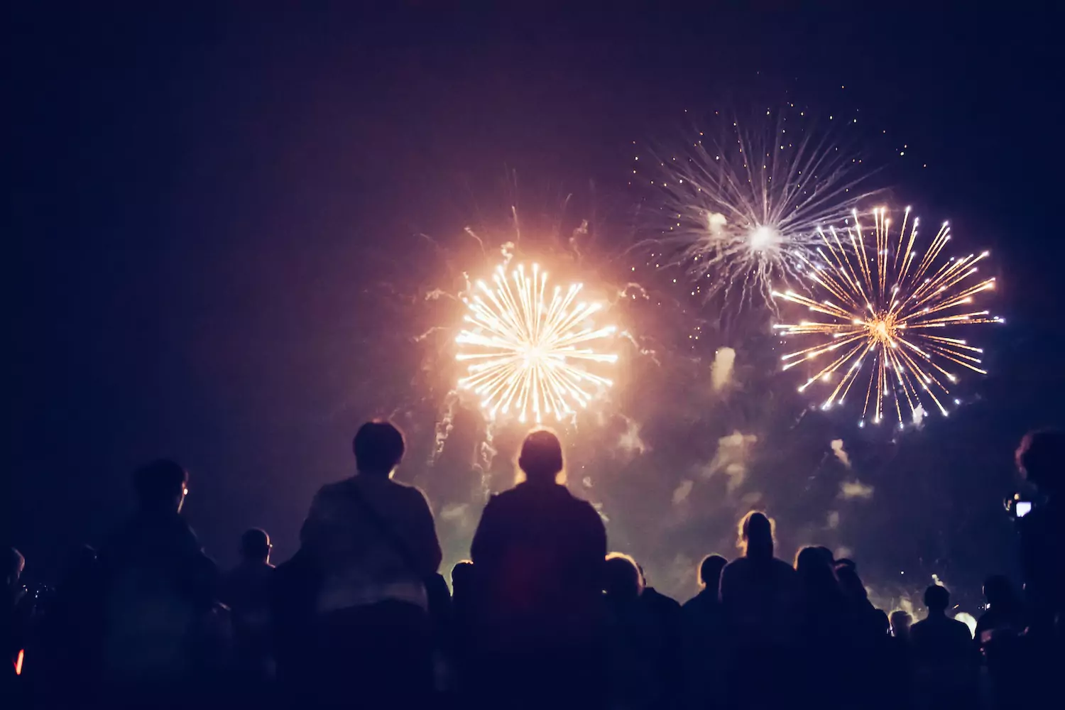 Crowds watch new year's fireworks.