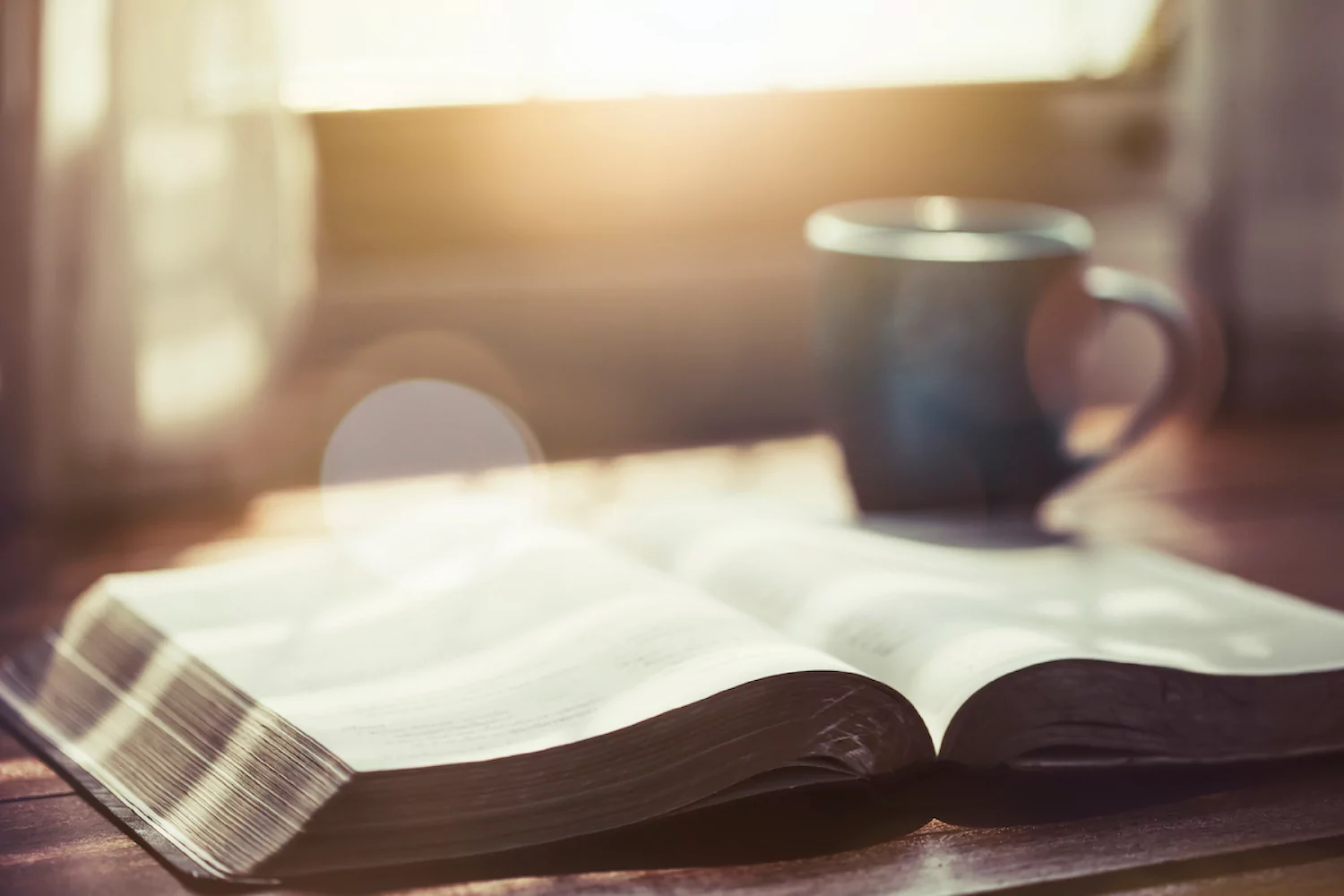 An open Bible and a coffee mug sit on a table as sunlight floods in from the window.